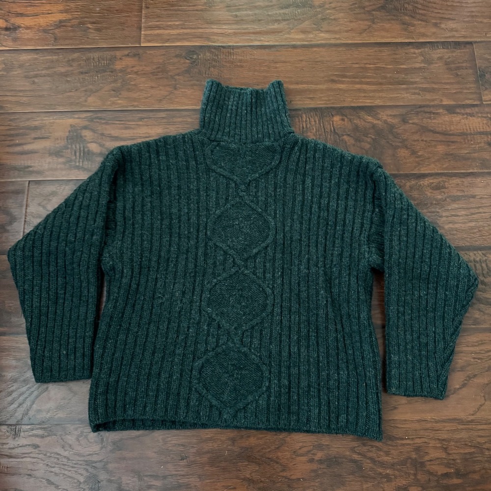 Vtg Celtic Country Fisherman Large Green Wool Turtleneck Aran Cable Knit Sweater